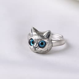 image-Golden Deer King S925 Silver Ring Vintage Old Kitten Ring Fashion Design Female Open Ring Hand Jewelry