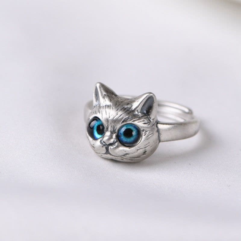 image-Golden Deer King S925 Silver Ring Vintage Old Kitten Ring Fashion Design Female Open Ring Hand Jewelry