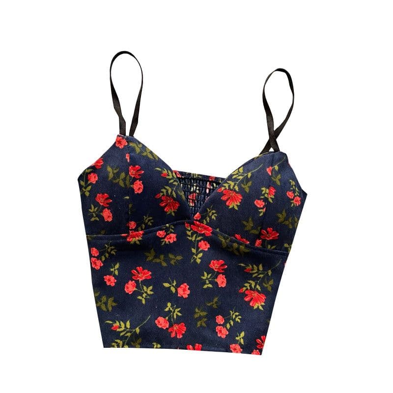 image-Corduroy Camisole Women's V-Neck Short Top - Red Floral