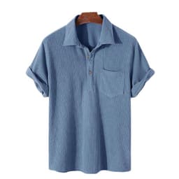 image-men's shirt 2023 summer new light familiar style short-sleeved corduroy lapel shirt simple top trend