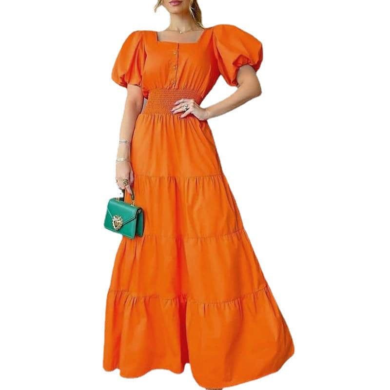 image-2022 Summer Ladies Dress Amazon Sundress Square Neck Puff Sleeve Maxi Dress Casual Beach Dress