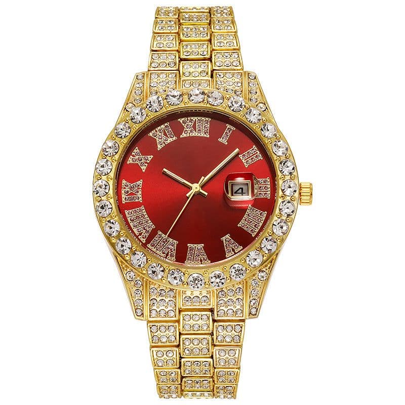 image-Hiphop watch European and American hot style men's steel belt hip-hop Roman scale diamond calendar men's quartz watch
