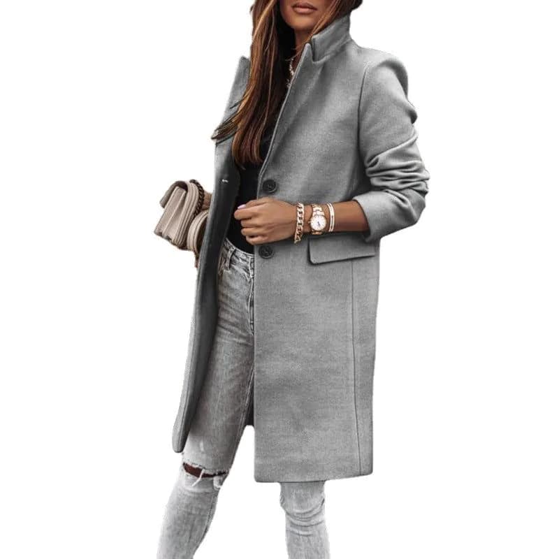 image-Autumn Winter Wool Coat For Women Long Sleeve Button Front Outerwear Warm Classic Style