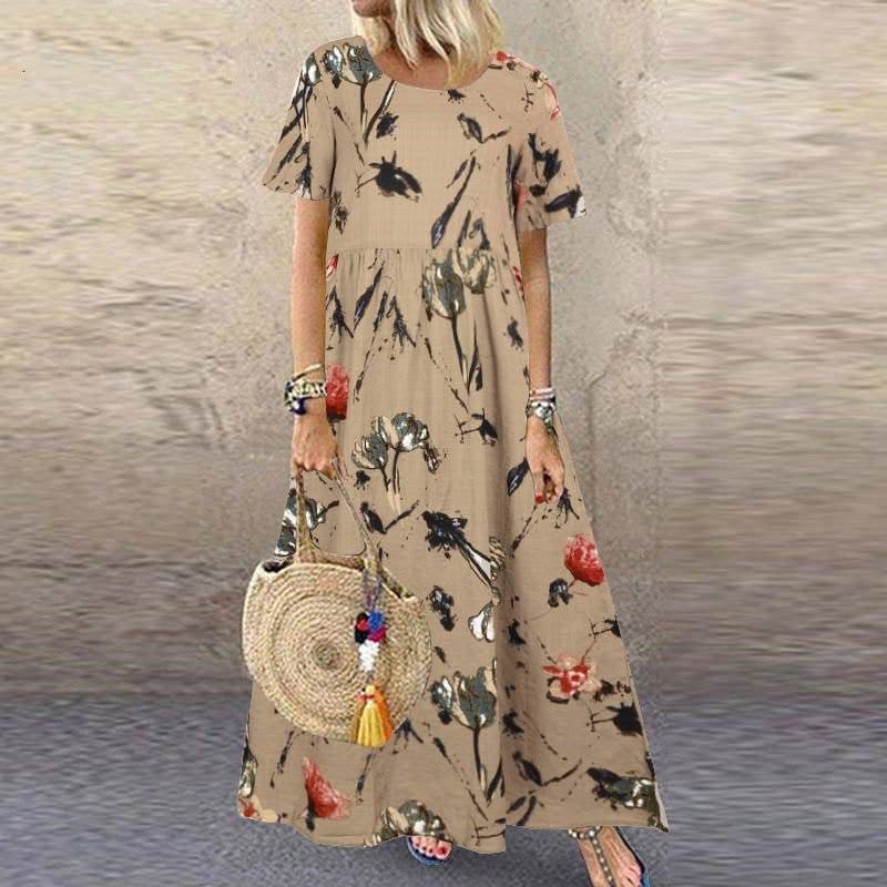 image-Women's Retro Floral Print Short Sleeve Dress