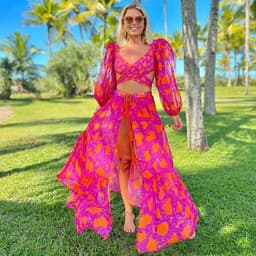 image-2024 European and American new bikini ruffled straps printed high waist split swimsuit and umbrella skirt set