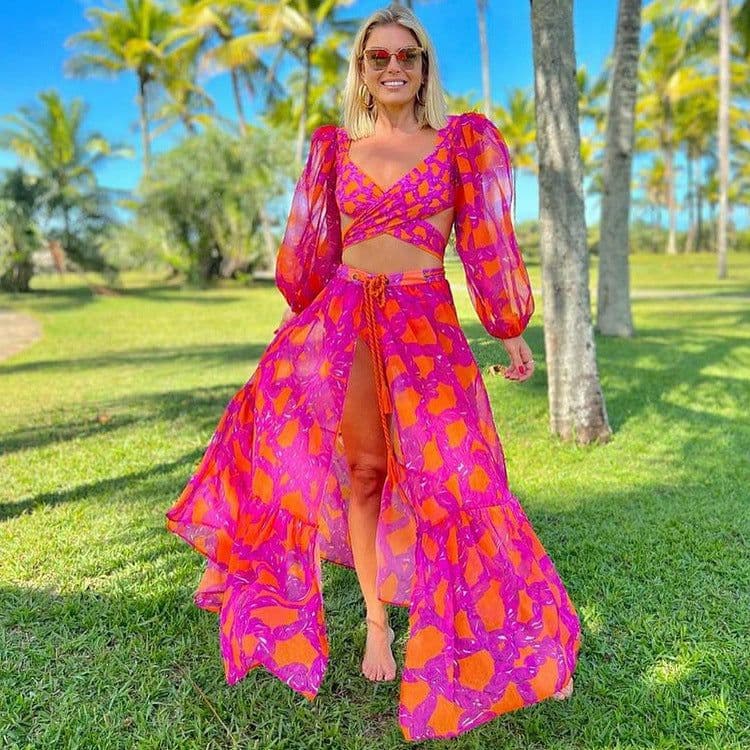 image-2024 European and American new bikini ruffled straps printed high waist split swimsuit and umbrella skirt set