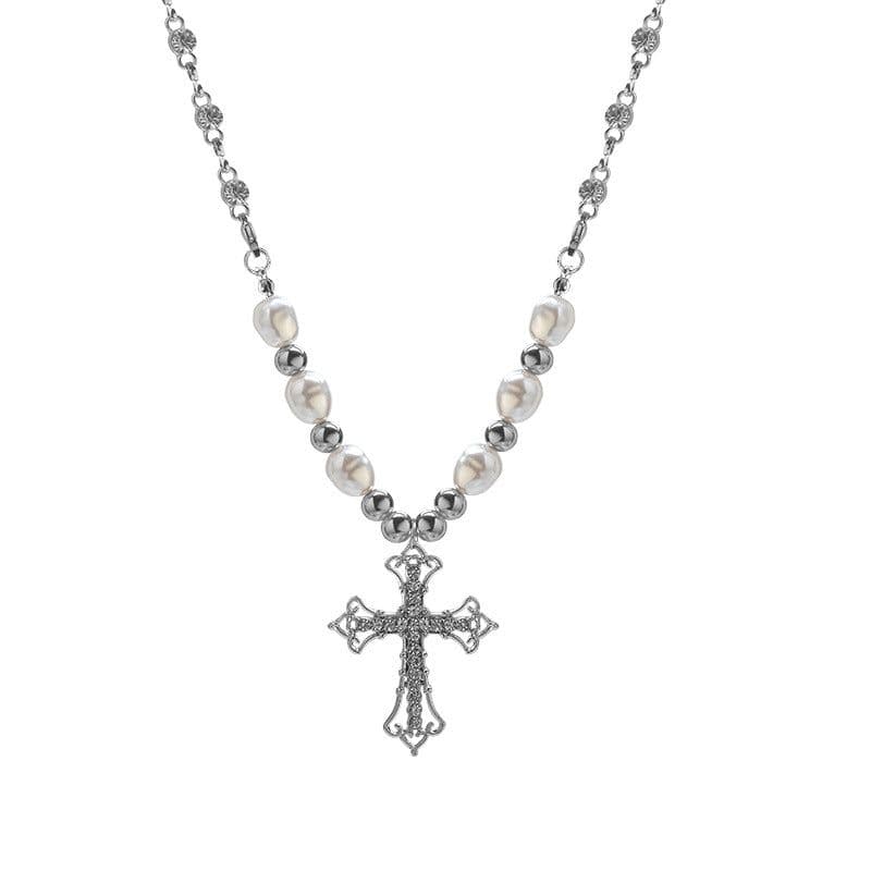 image-Necklace Cross Pearl Pendant Unisex Vintage