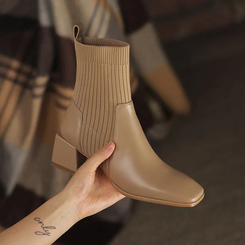 image-Women's Knitted Sock Boots - Square Toe Chunky Heel Ankle