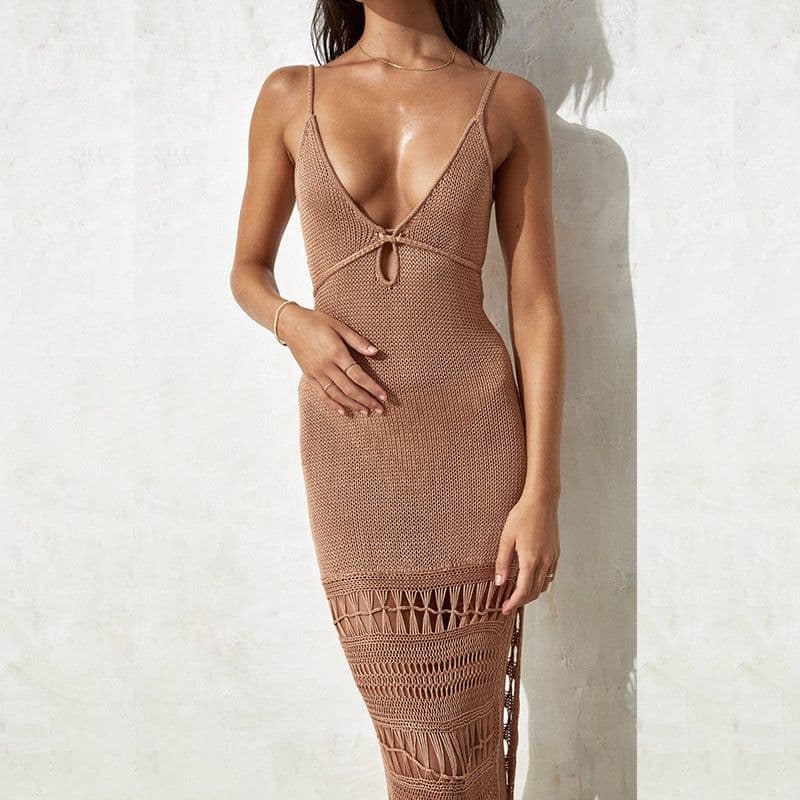 image-2023 Lace-Up Tassel Bikini Cover-Up Beach Dress
