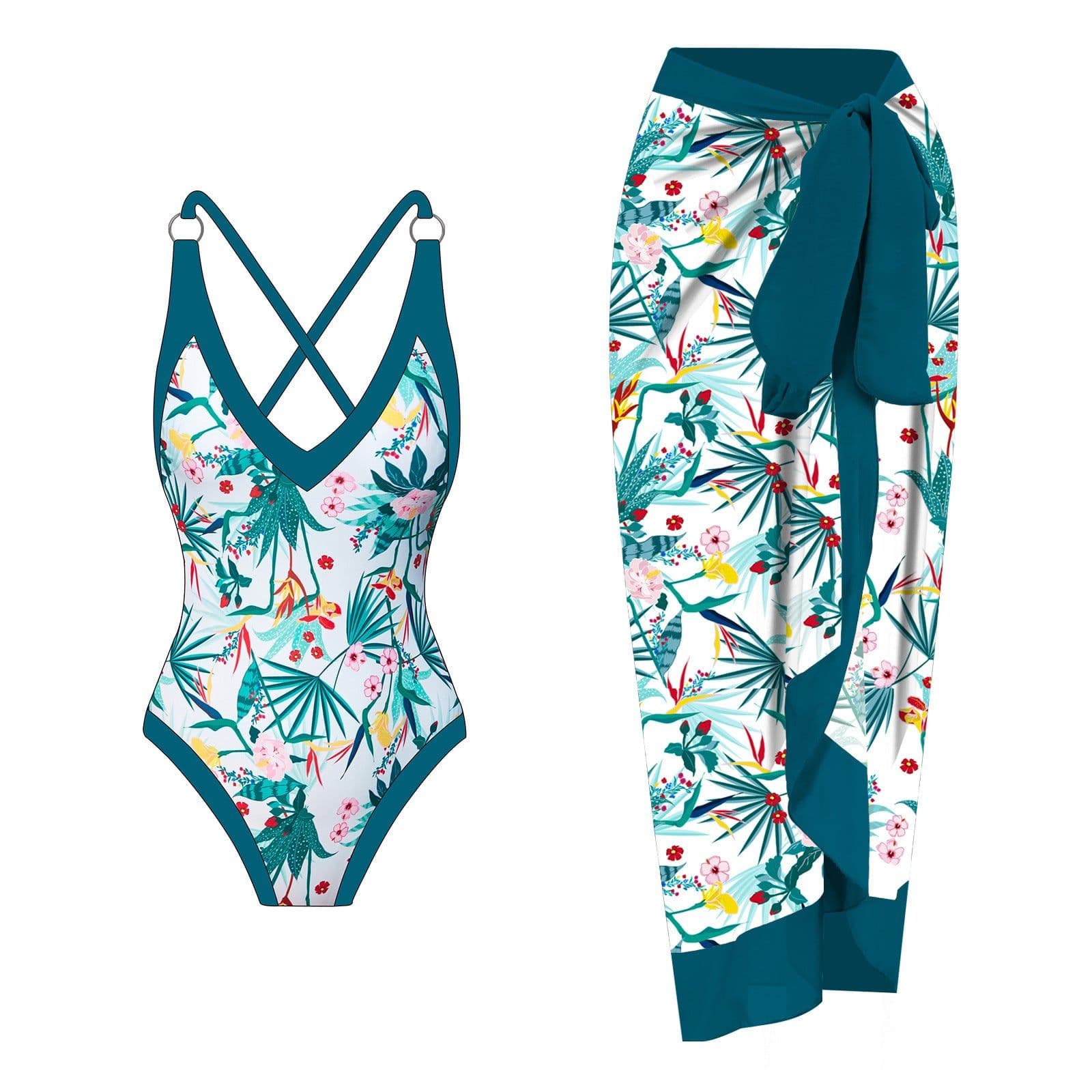 image-Green Flower One-Piece Swimsuit - Women's Polyester