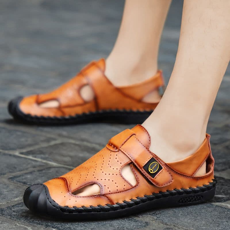 image-Men's Leather Cork Sandals - Black Non-Slip