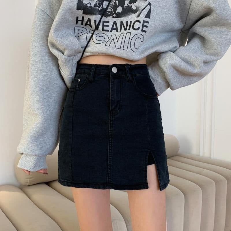 image-Denim Skirt Women High Waist A-Line Blue Short