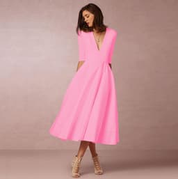 image-Women's Midi Dress - Rose Red V-Neck Swing Dress