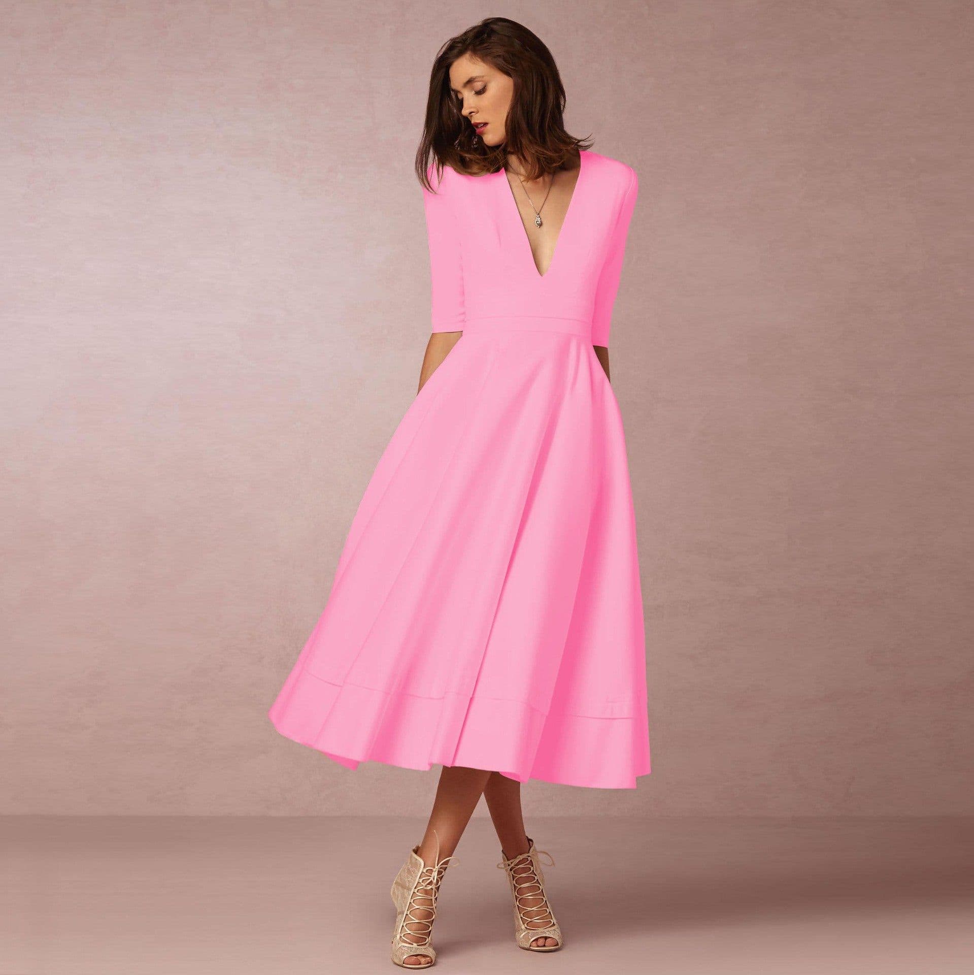 image-Women's Midi Dress - Rose Red V-Neck Swing Dress