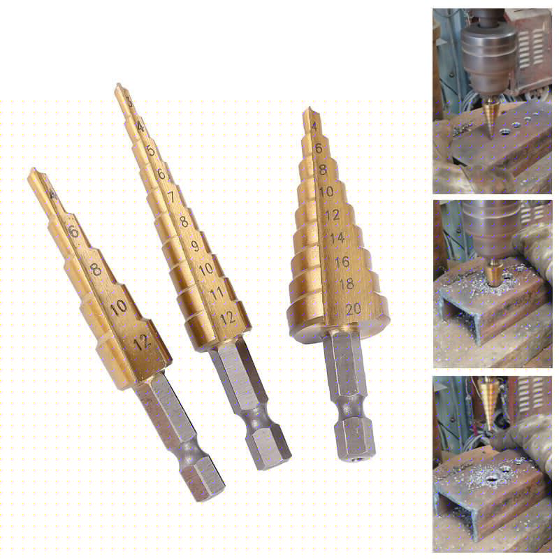 image-Pagoda Hex Shank Step Drill Bit Set Titanium Plated HSS 3Pcs