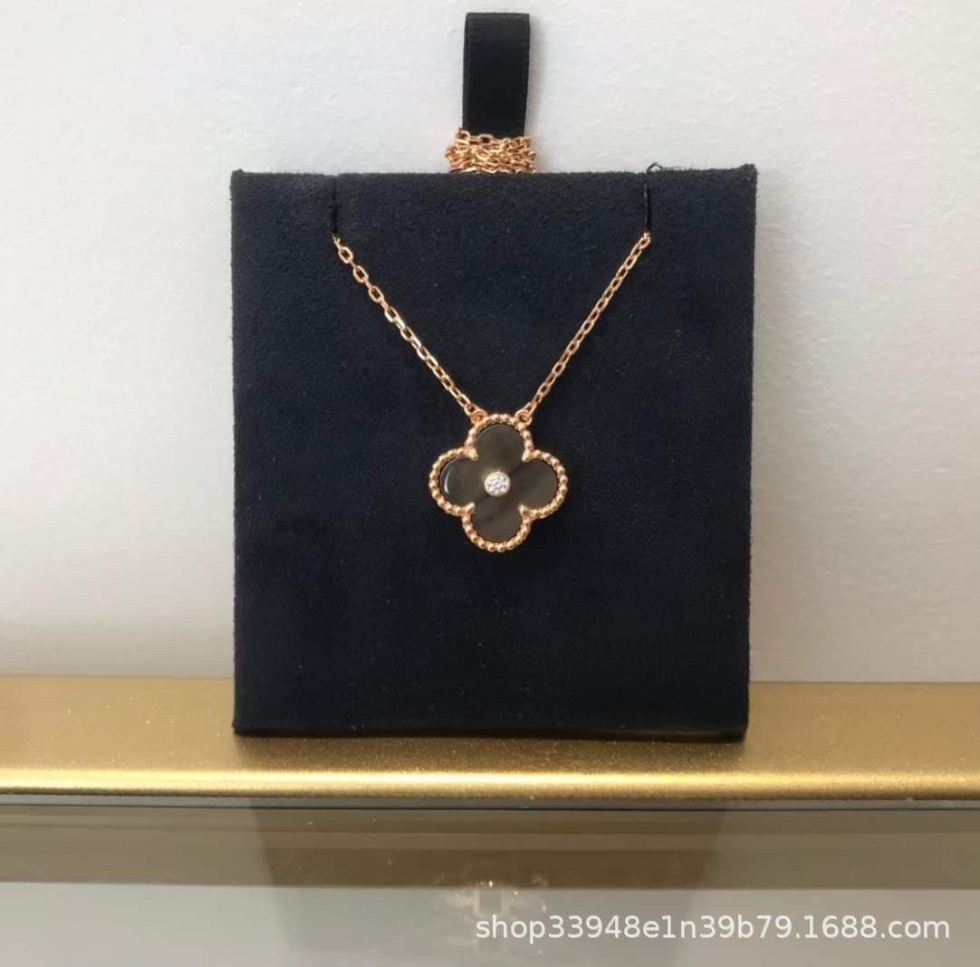 image-v gold 925 silver Fanjia four-leaf clover necklace high version women's thick plated 18k single flower pendant natural fritillary chalcedony