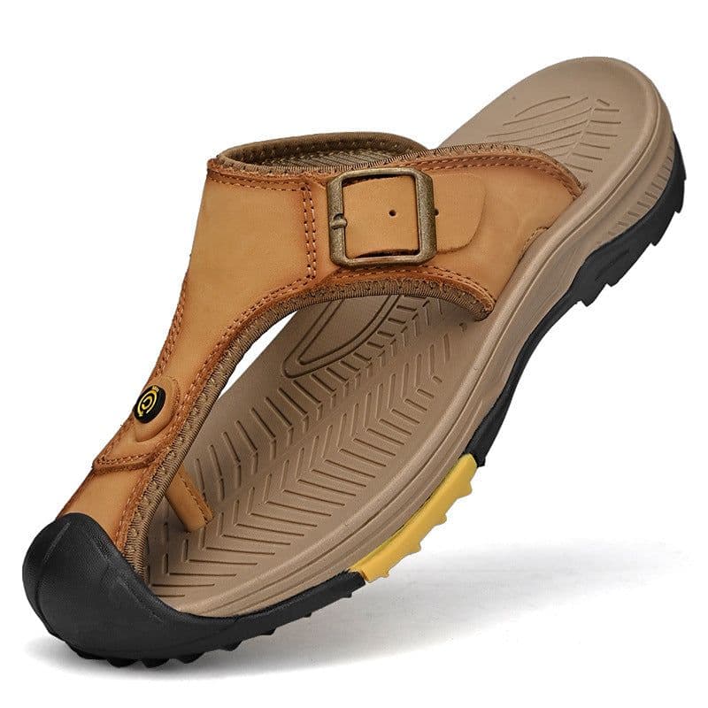 image-Men's Leather Sandals - Black Size 46 Non-Slip Beach