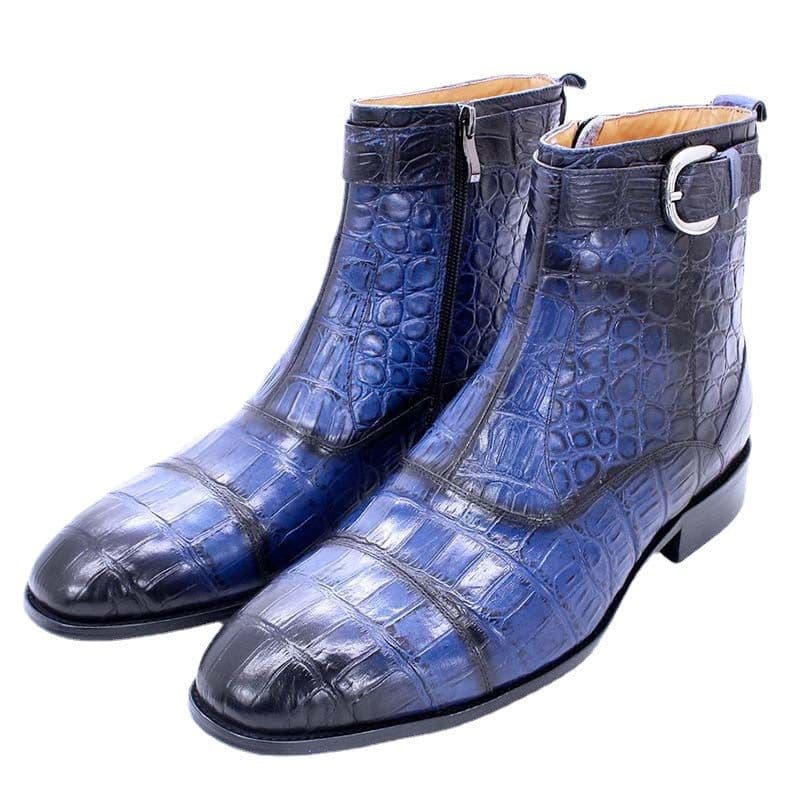 image-Men's Leather Martin Boots - Brown Crocodile