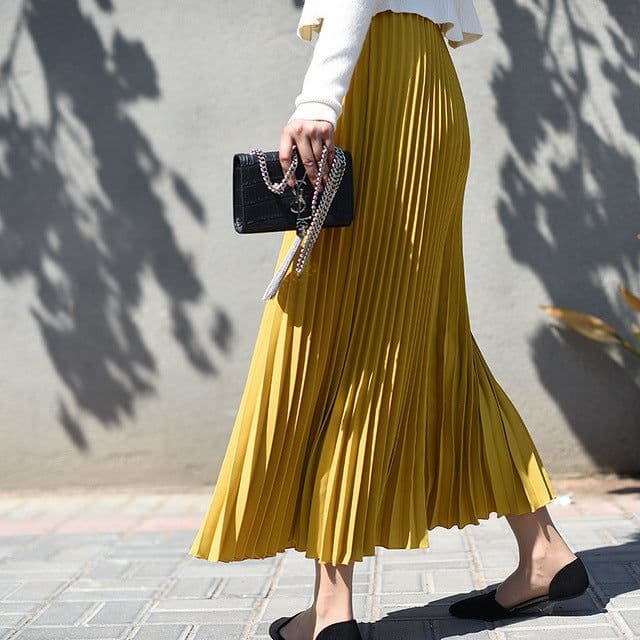 image-Lotte 2022 Ginger Yellow Midi Skirt, Large, Urban Style, Polyester Elastic Waist