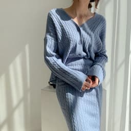 image-Women's Knit Cardigan Skirt Suit Set - Blue Midi