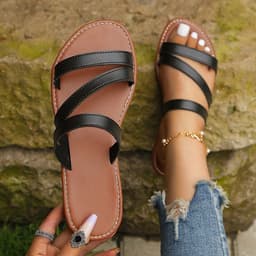 image-Women's Casual Sandals - Black PU Flat Slip-On Size 42