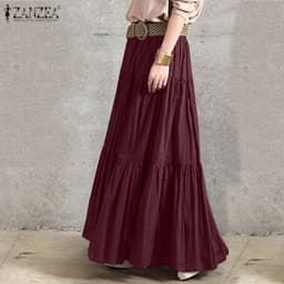 image-Cotton Linen Pleated Skirt - Brown 5XL Long