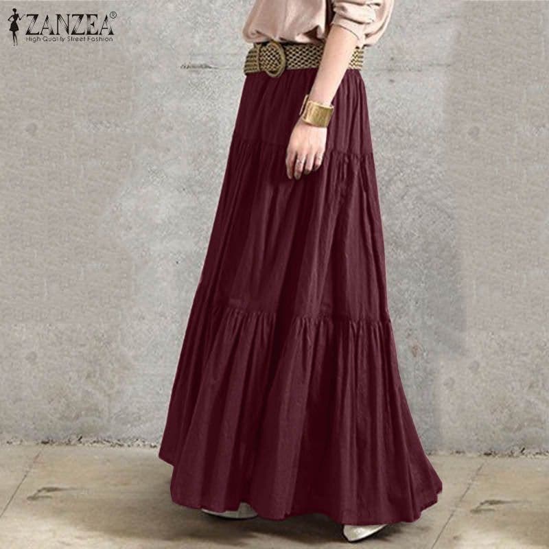 image-Cotton Linen Pleated Skirt - Brown 5XL Long