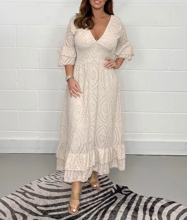 image-Women's Cotton V-Neck Dress - White High-Waist 5XL