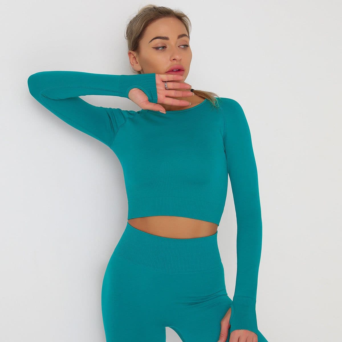image-Women's Long Sleeve Yoga Top - Black Nylon Spandex