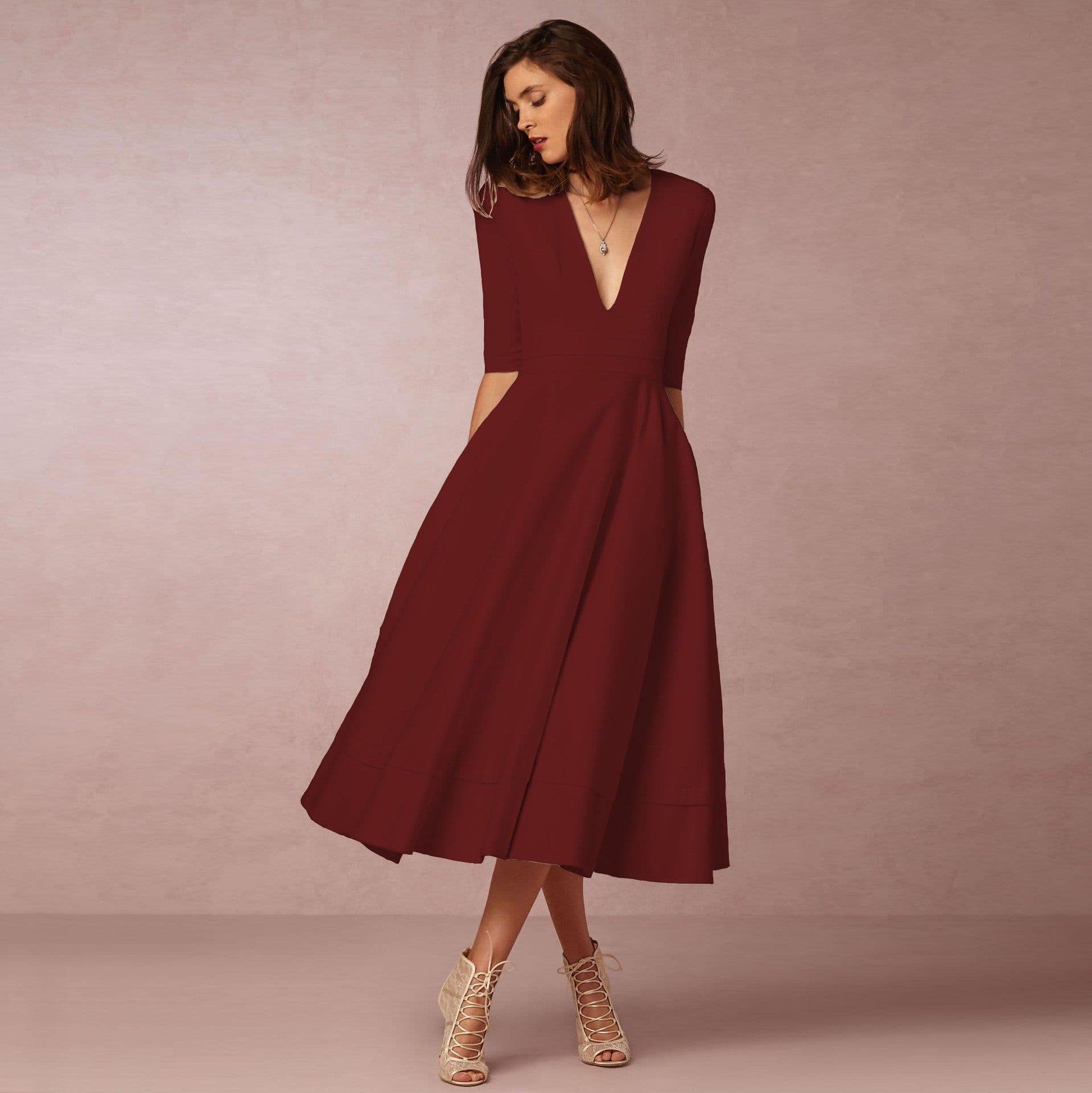image-Women's Midi Dress - Rose Red V-Neck Swing Dress