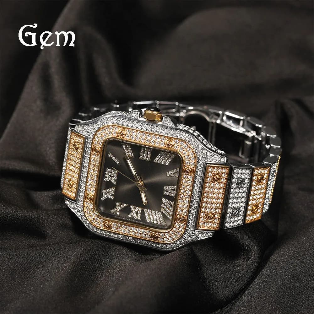 image-Men's Square Quartz Watch - Gold 45mm Roman Dial