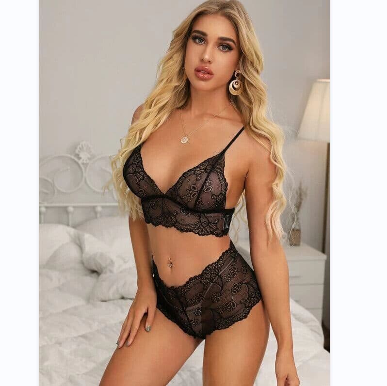image-Women's Mesh Lingerie Set - Black Lace Nightdress S