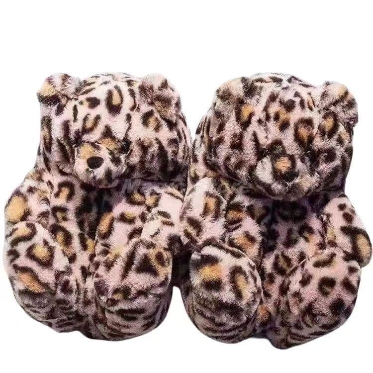 image-Cartoon Bear Plush Slippers - Large, South Korean Velvet, Dark Teddy Bear Shoes