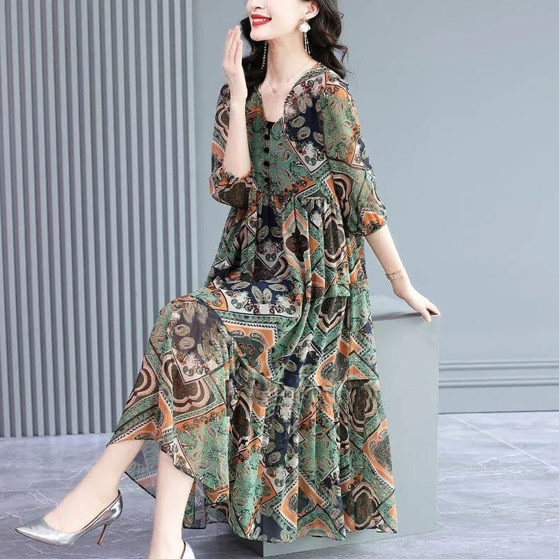 image-Women's Floral A-Line Dress - V-Neck Short Sleeve 3XL