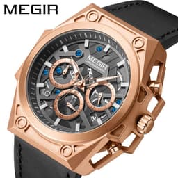 image-Megir 47mm Chronograph Sports Watch - Stainless Steel 50m Waterproof Black Strap