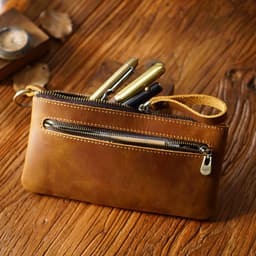 image-Retro Crazy Horse Leather Zipper Pen Bag Large Capacity Portable --- (57 characters)