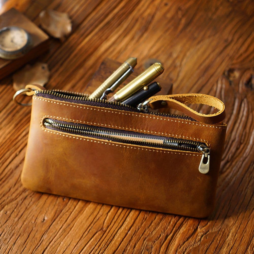 image-Retro Crazy Horse Leather Zipper Pen Bag Large Capacity Portable --- (57 characters)