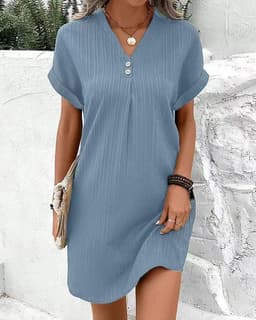 image-Cross-border European and American women's clothing 2023 new Amazon V-neck solid color pullover comfortable casual button dress
