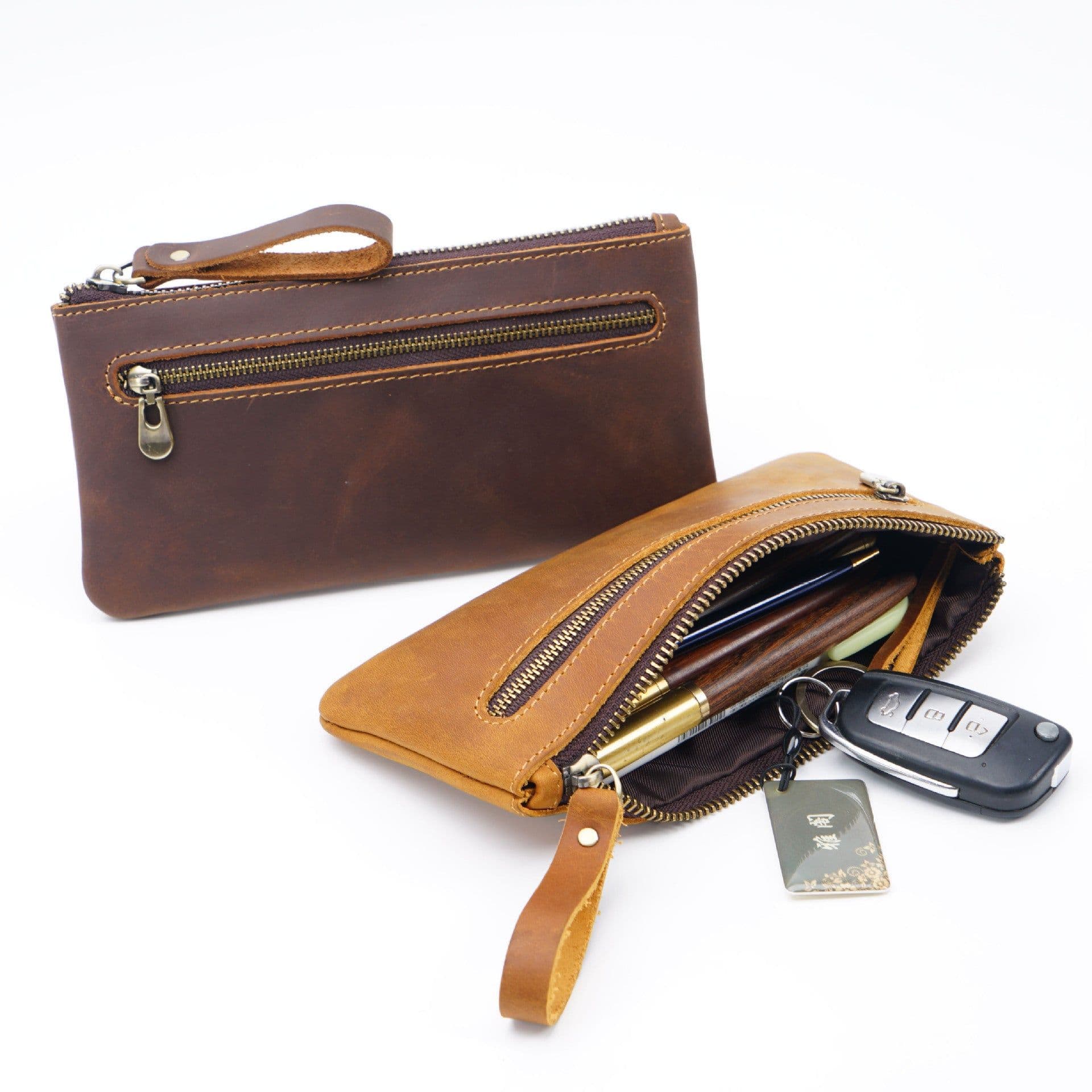 image-Retro Crazy Horse Leather Zipper Pen Bag Large Capacity Portable --- (57 characters)