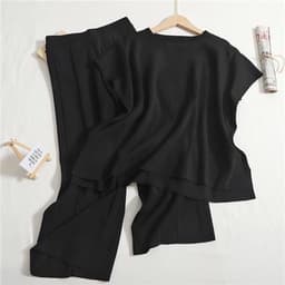image-Women's Summer Knitted Suit - Black Sleeveless Top & Pants Set