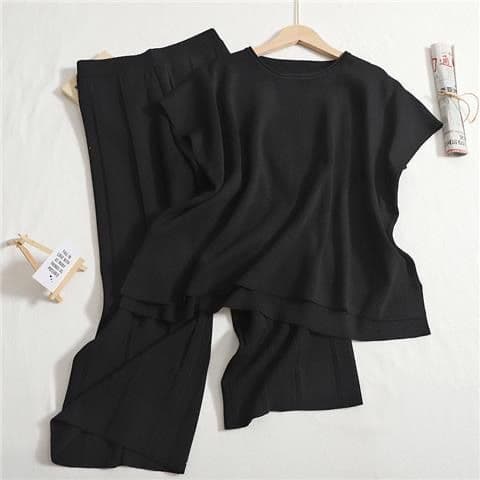 image-Women's Summer Knitted Suit - Black Sleeveless Top & Pants Set