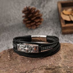 image-Cross-border accessories wholesale European and American simple men's stainless steel leather bracelet hip-hop retro multi-layer braided leather bracelet