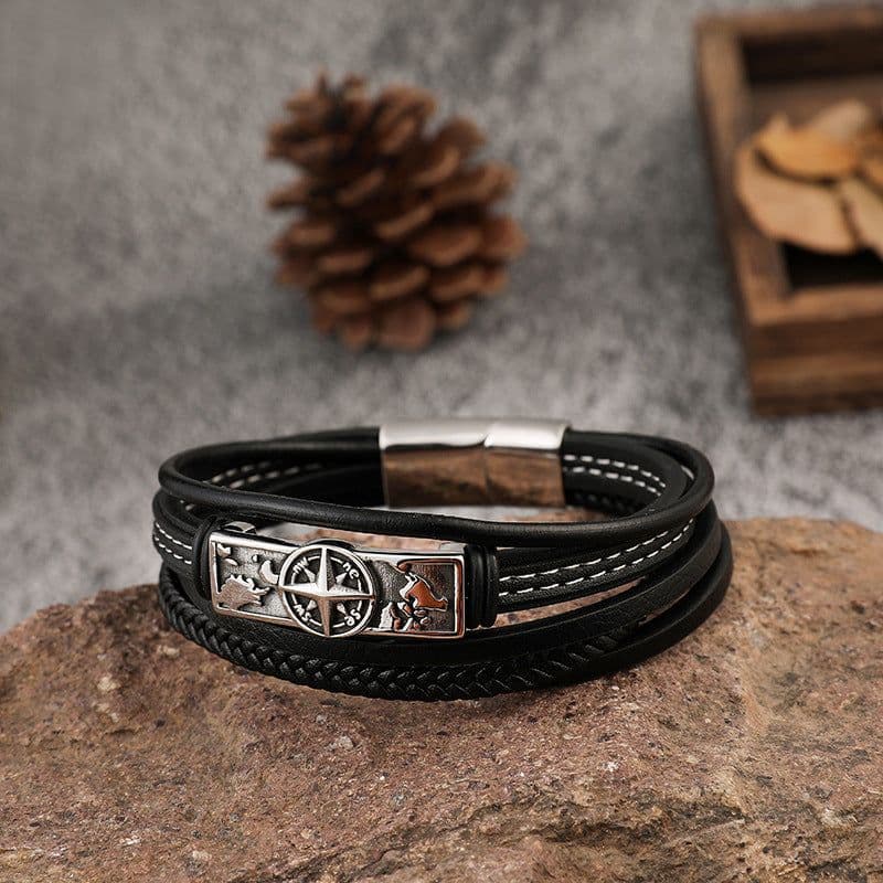 image-Cross-border accessories wholesale European and American simple men's stainless steel leather bracelet hip-hop retro multi-layer braided leather bracelet