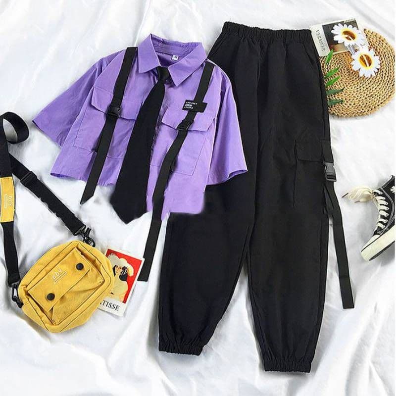 image-Korean Style Female Student Summer Suit - Black XL Urban Commuting Two-Piece Set