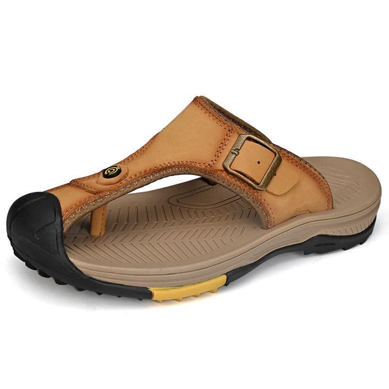 image-Men's Leather Sandals - Black Size 46 Non-Slip Beach