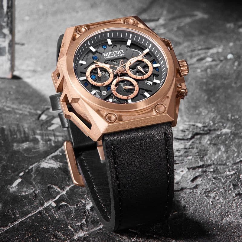 image-Megir 47mm Chronograph Sports Watch - Stainless Steel 50m Waterproof Black Strap