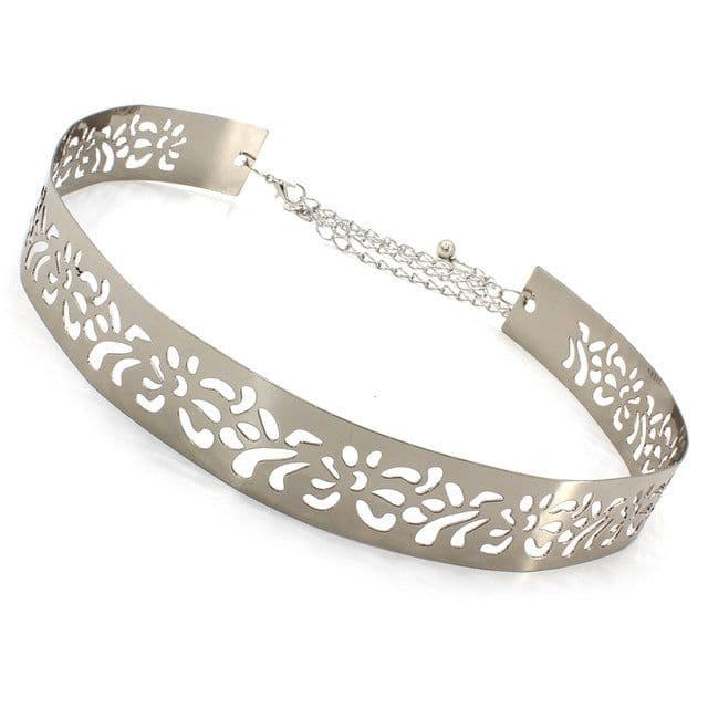 image-Women's Metal Waist Chain Belt - Silver Hollow 3.5cm