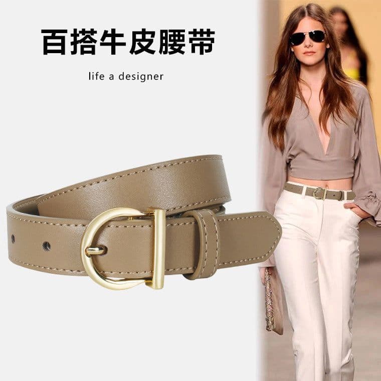 image-Women's Genuine Leather Belt - D Buckle Cowhide Jeans Belt