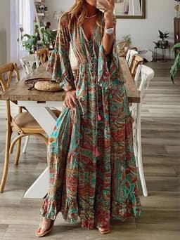 image-Bohemian V-Neck Trumpet Sleeve Holiday Dress Floral Long Skirt - 2023