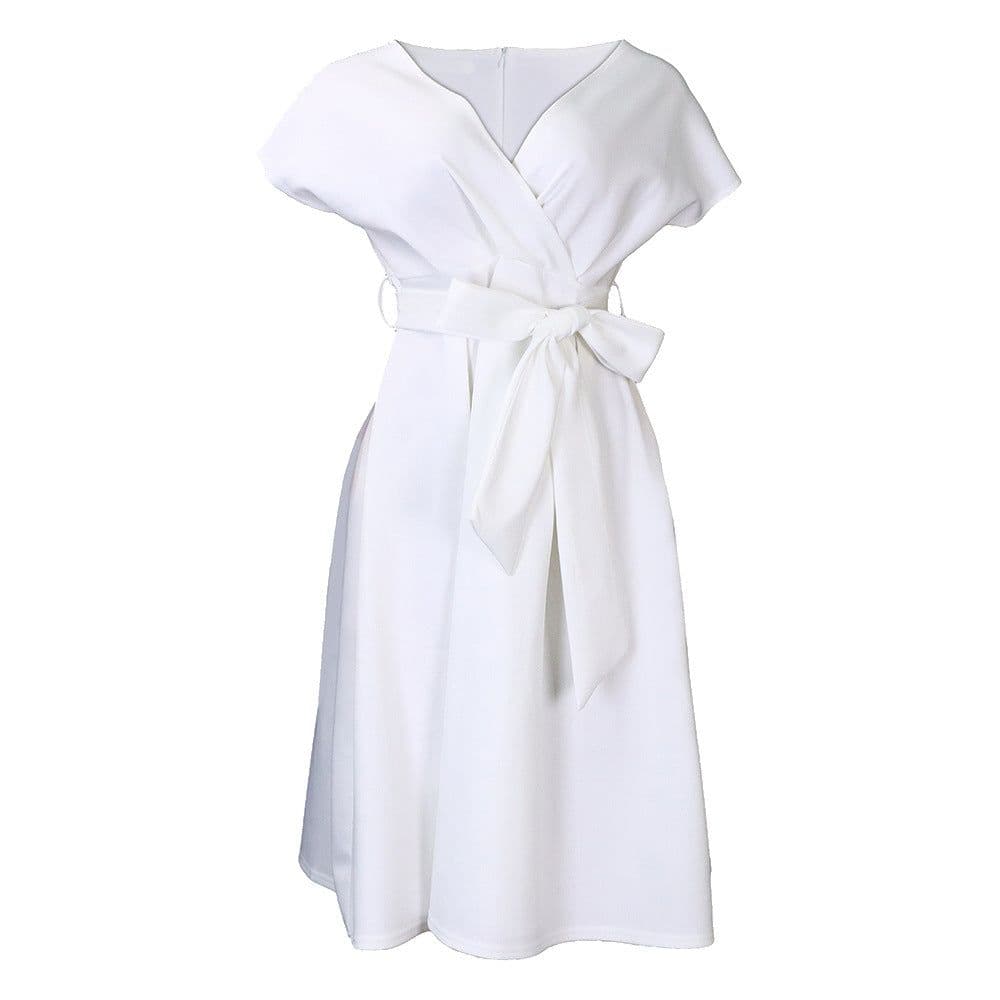 image-Women's V-Neck A-Line Dress - Black XXXL Short Sleeve